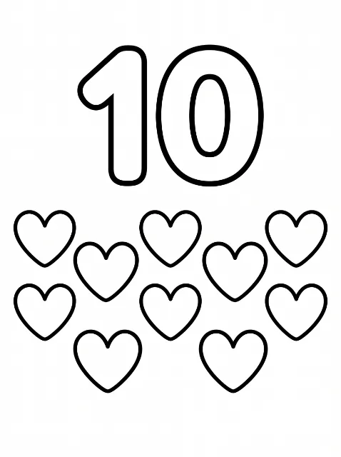 A large outlined number 10 above ten hearts arranged in a staggered pattern, all drawn with thick black lines.