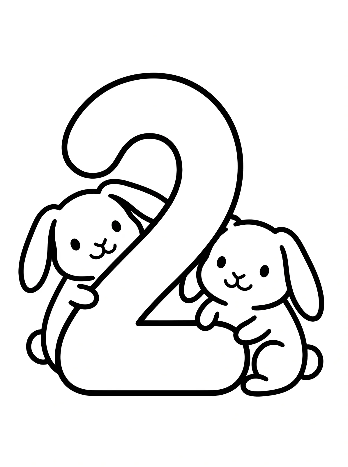 Two smiling, floppy-eared bunnies hold the sides of a large outlined number 2, drawn with thick black lines on a plain background.