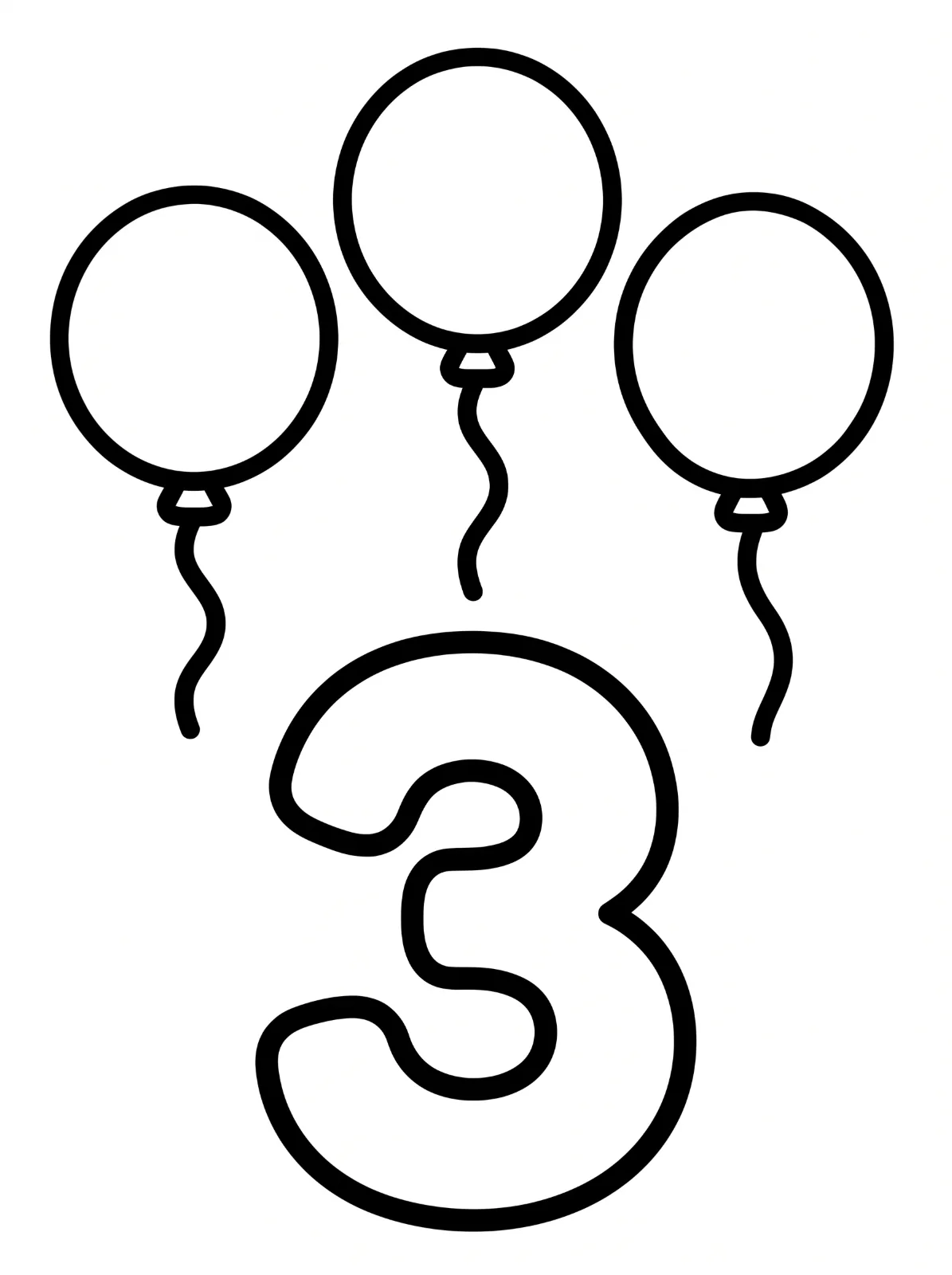 Three round balloons with wavy strings sit above a large outlined number 3, all drawn with thick black lines.