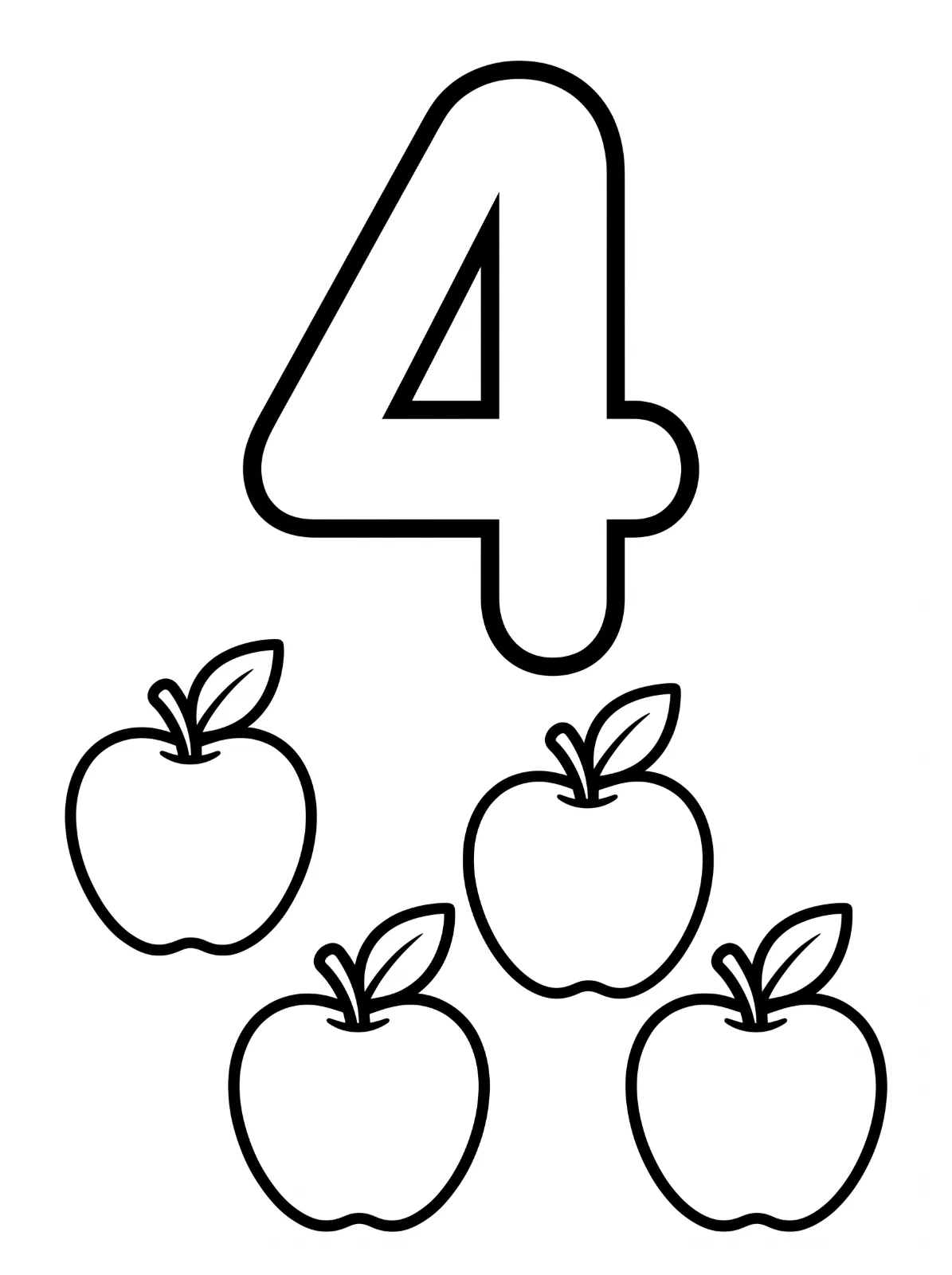 A large outlined number 4 above four apples, each with a stem and one leaf, drawn with thick black lines.