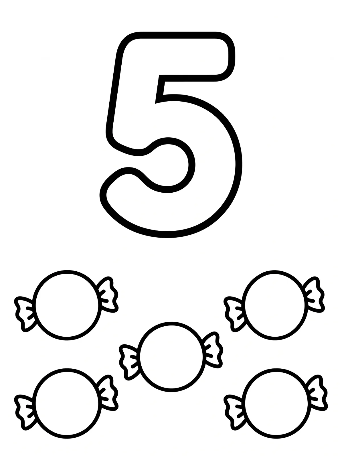 A large outlined number 5 above five round candies, each with a wrapper twisted at both ends.