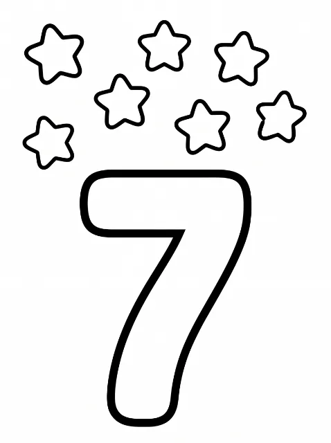 A large outlined number 7 beneath seven rounded, five-pointed stars, all drawn with thick black lines.