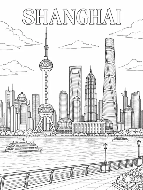 Shanghai lettering above a skyline of patterned towers, with two boats on the river and a foreground walkway lined with railings, lamps, and plants.