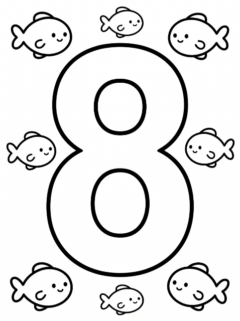 A large outlined number 8 surrounded by eight smiling cartoon fish, with three above, two at the sides, and three below.