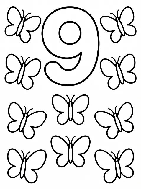 A large outlined number 9 appears with ten simple butterflies arranged along its sides and below it.