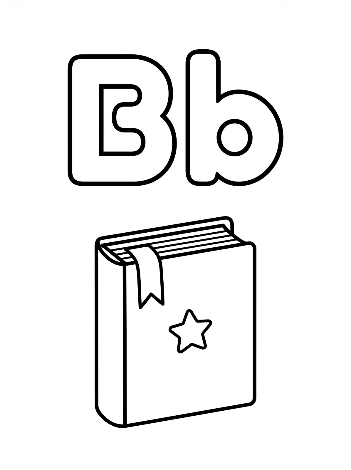 Uppercase B and lowercase b above a closed book with a star on its cover, visible page edges, and a ribbon bookmark.