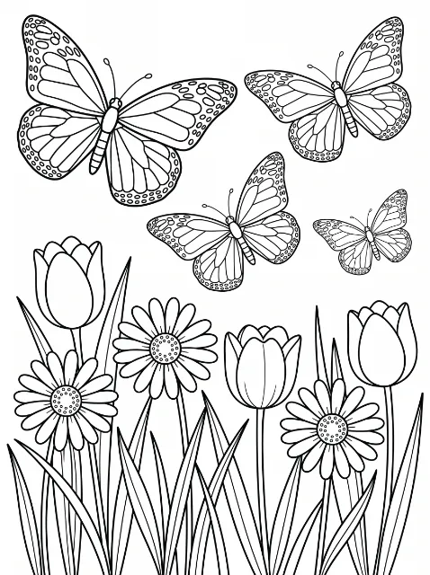 Four butterflies with spotted, segmented wings fly above three tulips and three daisies among long, pointed leaves.