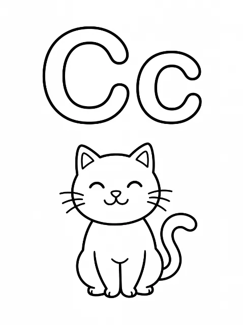 Uppercase C and lowercase c above a smiling seated cat with closed eyes, whiskers, pointed ears, and a curled tail.