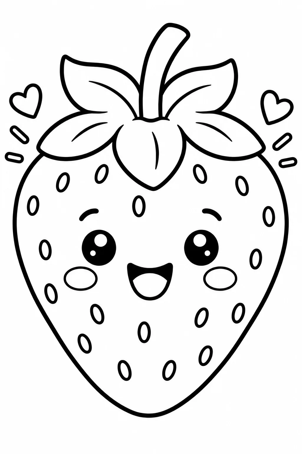 A smiling cartoon strawberry with oval seeds, big eyes, round cheeks, a leafy top, and a curved stem is flanked by two hearts.