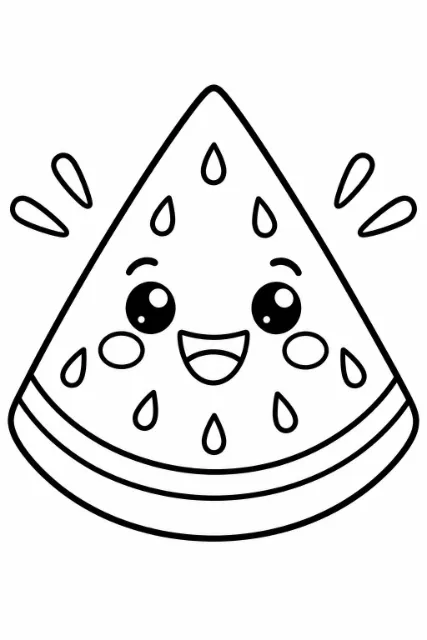 A smiling cartoon watermelon slice with large eyes, round cheeks, teardrop-shaped seeds, a curved rind, and four surrounding splash shapes.