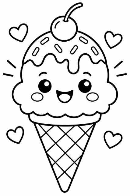 A smiling ice cream scoop in a crisscross-patterned cone, topped with dripping sauce, sprinkles, and a cherry, surrounded by four hearts.