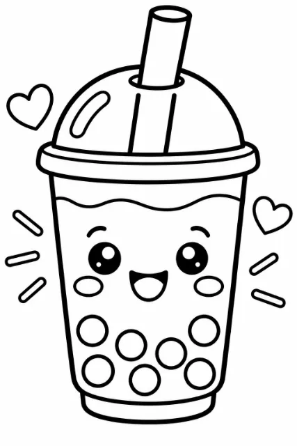 A smiling bubble tea cup with a domed lid, wide straw, and seven round pearls is surrounded by two hearts and short decorative lines.
