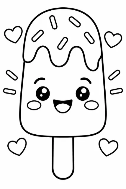 A smiling ice pop on a stick has a dripping topping, sprinkles, big eyes, and oval cheeks, surrounded by four hearts and extra sprinkles.