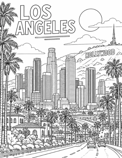 Los Angeles lettering above skyscrapers, palm trees, tiled-roof homes and a winding road with two cars, with the Hollywood sign on a hill.