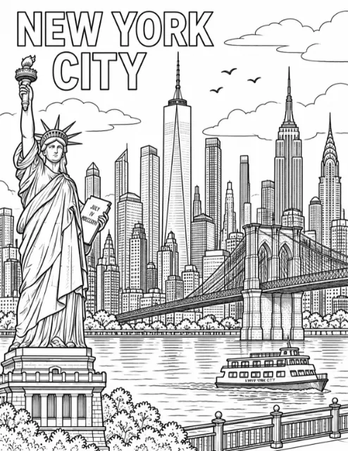 The Statue of Liberty overlooks water with a boat, the Brooklyn Bridge, and skyscrapers beneath clouds, birds, and New York City lettering.