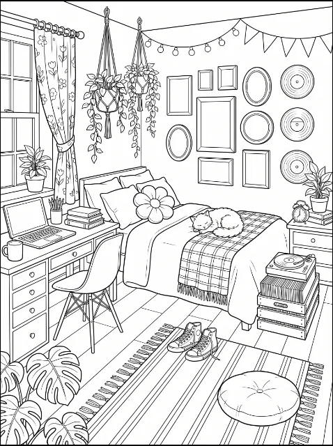 Cozy aesthetic teen bedroom with plants and fairy lights coloring page