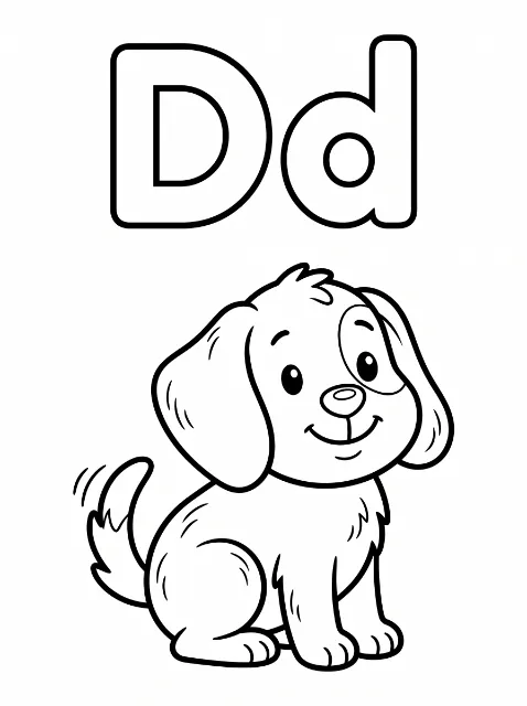 Uppercase D and lowercase d appear above a smiling seated dog with floppy ears, an eye patch, and a wagging tail.