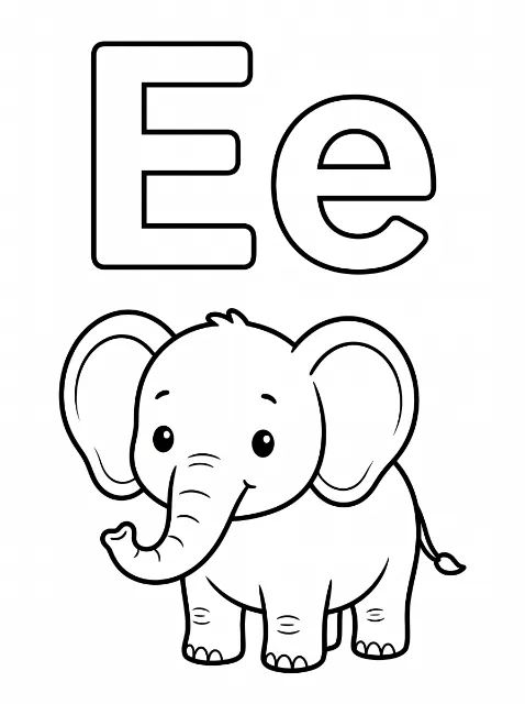 Uppercase E and lowercase e above a smiling cartoon elephant with large ears, an upturned trunk, and a small tail.