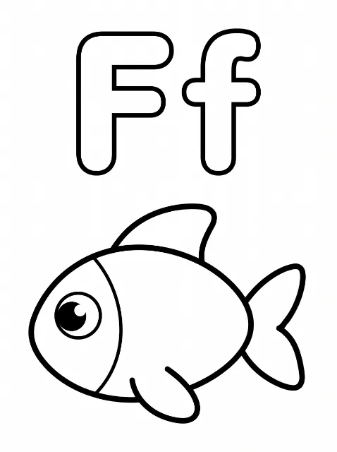 Uppercase F and lowercase f above a left-facing cartoon fish with a large eye, two fins, and a two-lobed tail, all outlined in black.
