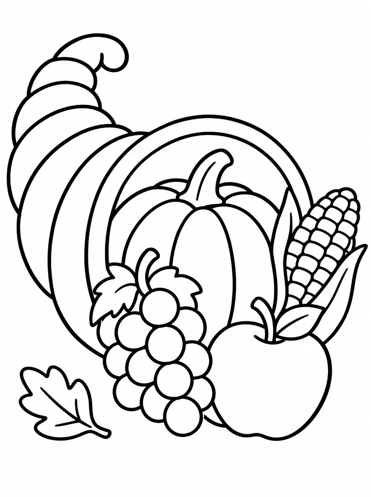 A curled cornucopia with a large pumpkin, a bunch of grapes, an apple, an ear of corn and leaves, drawn with thick black outlines.
