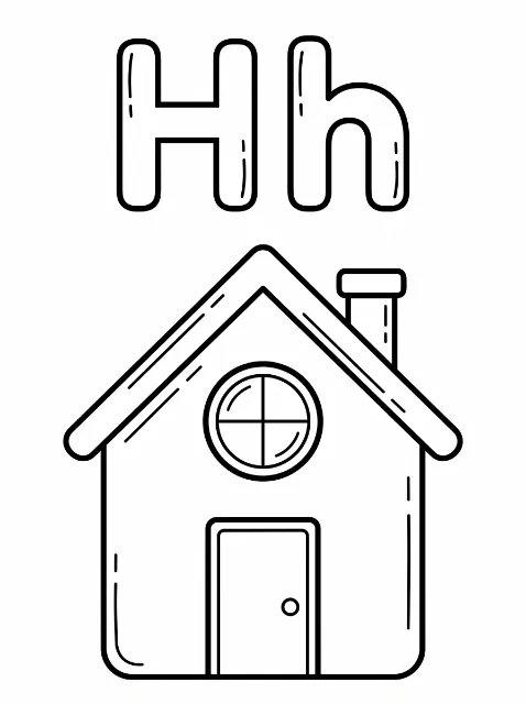 Uppercase H and lowercase h above a simple house with a peaked roof, chimney, round four-pane window, and a door with a round knob.
