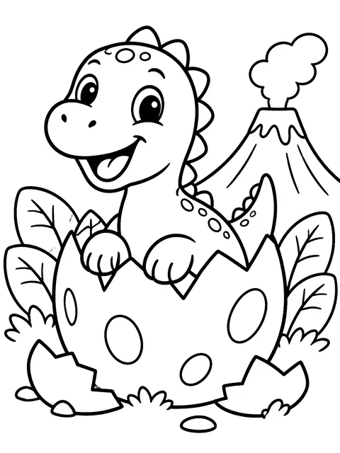 Happy baby dinosaur coloring page: a smiling dinosaur hatching from a spotted egg with leaves and a small volcano