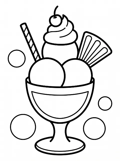 Three ice cream scoops in a footed dish with a swirl, cherry, striped wafer stick, and fan-shaped wafer, surrounded by four circles.