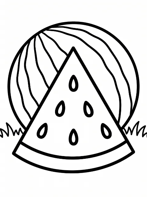 A triangular watermelon slice with six seeds and a curved rind sits in front of a whole striped watermelon, with grass on either side.