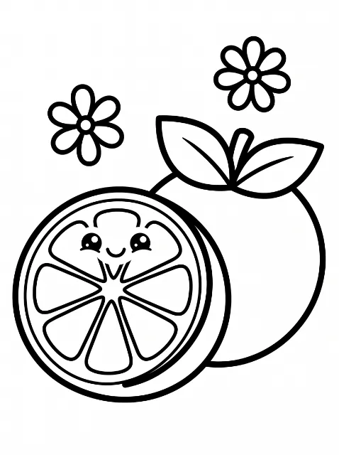 A smiling orange slice in front of a whole orange topped with two leaves and a stem, with two flowers above.