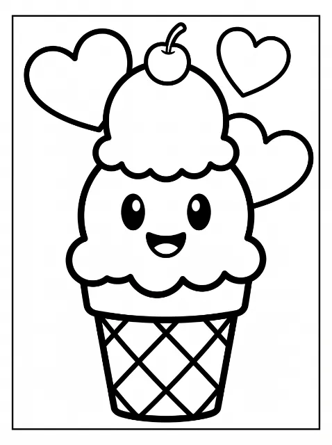 A smiling two-scoop ice cream cone with a crisscross pattern, topped with a cherry and surrounded by three hearts inside a rectangular border.