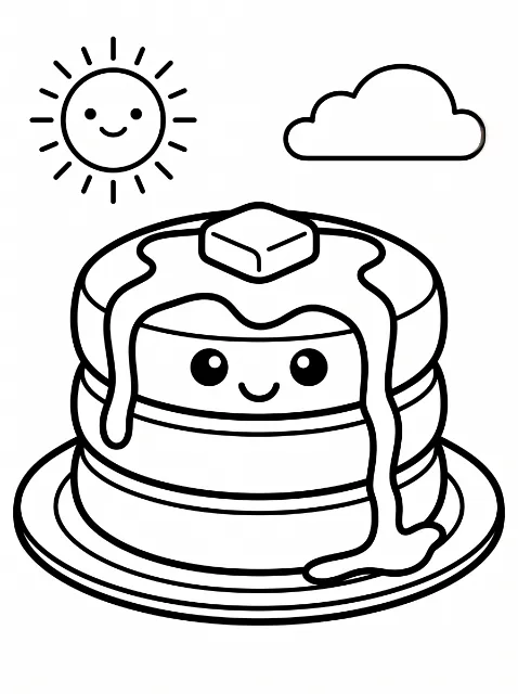A smiling stack of three pancakes on a plate has dripping syrup and a pat of butter, with a smiling sun and a cloud above.