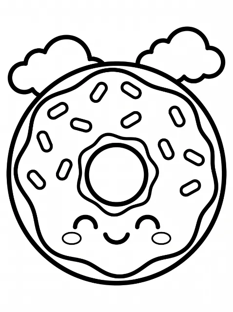 A smiling donut with wavy frosting, oblong sprinkles, closed eyes, and oval cheeks sits in front of two puffy clouds.