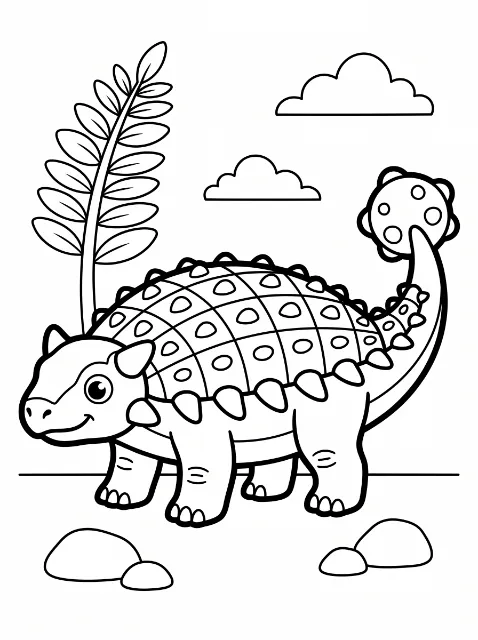 A smiling armored dinosaur with a raised clubbed tail stands beside a tall leafy plant, beneath two clouds, with four rocks in front.