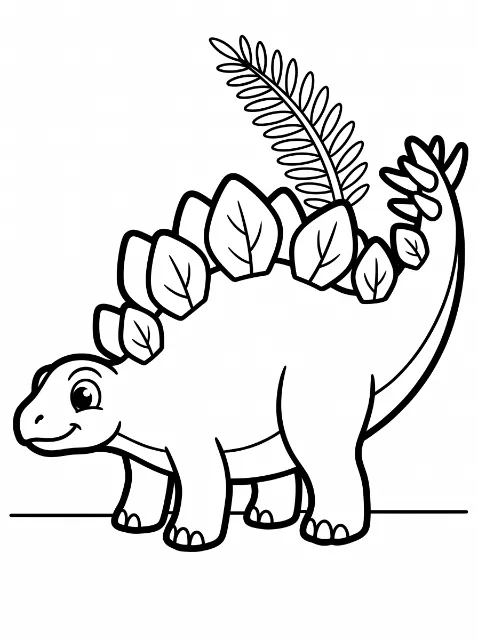 A smiling cartoon stegosaurus with leaf-shaped back plates, four legs, and an upturned spiky tail stands in front of a tall fern frond.
