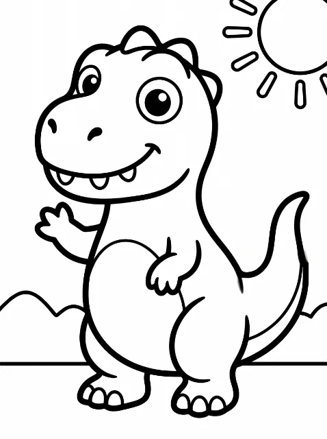 A smiling cartoon dinosaur with head spikes, small teeth, a rounded belly, and a curved tail raises one hand beneath the sun, with hills behind it.