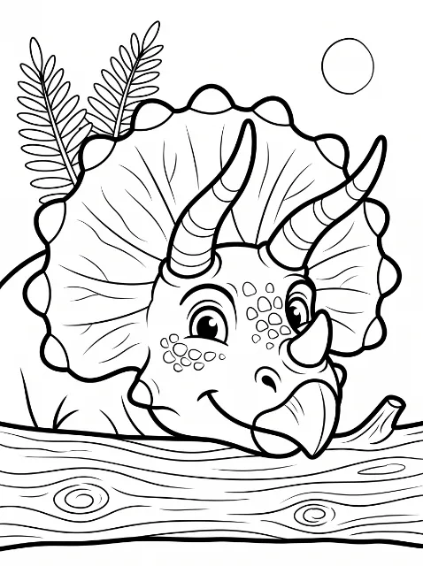A smiling triceratops with three horns, a wide frill, and facial spots leans over a wood-grained log, with leafy fronds behind it.