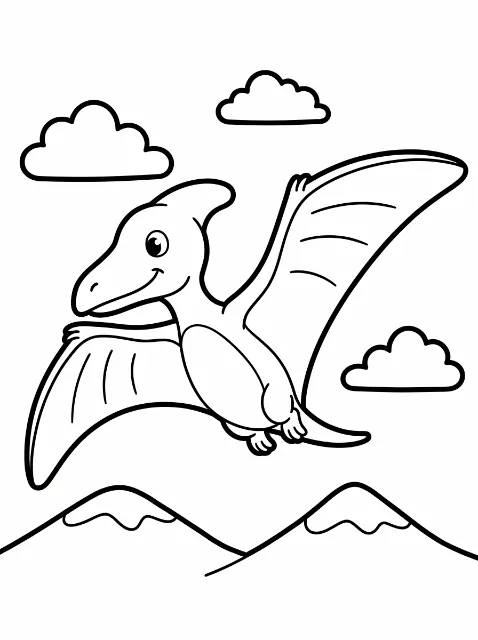 A smiling cartoon pterosaur with spread wings flies among three clouds above two snowcapped mountains.