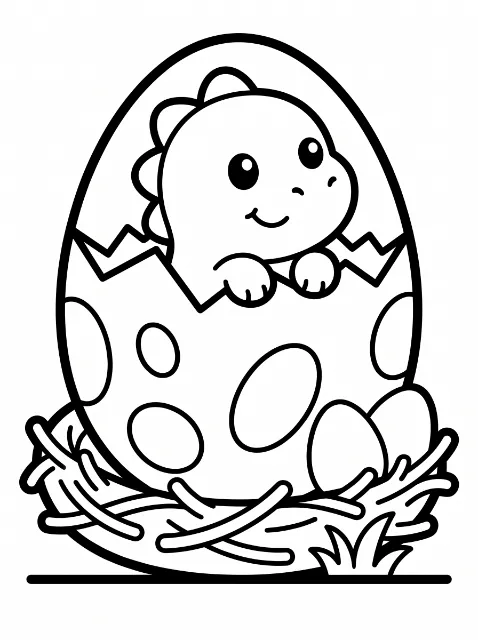 A smiling baby dinosaur peeks from a cracked, spotted egg in a twig nest, with two smaller eggs beside it and grass in front.