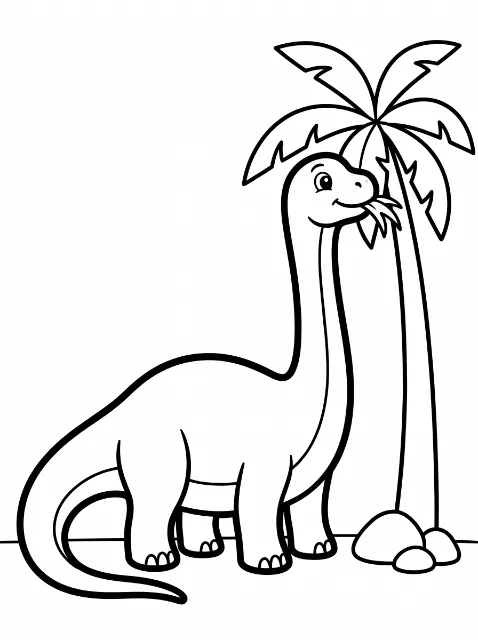 A smiling long-necked dinosaur holds leaves in its mouth beside a tall palm tree, with three rocks at the tree’s base.