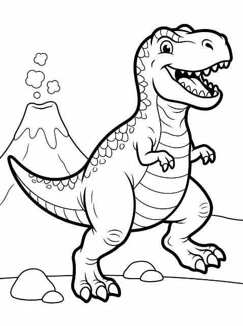 A smiling cartoon dinosaur with small arms, a striped belly, and a long tail stands among rocks with a smoking volcano behind it.