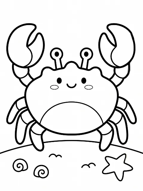 A smiling cartoon crab with raised claws stands above two spiral shells and a starfish on a curved patch of ground.