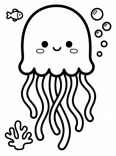 A smiling jellyfish with long, wavy tentacles is surrounded by five bubbles, a small fish at the upper left, and coral at the lower left.