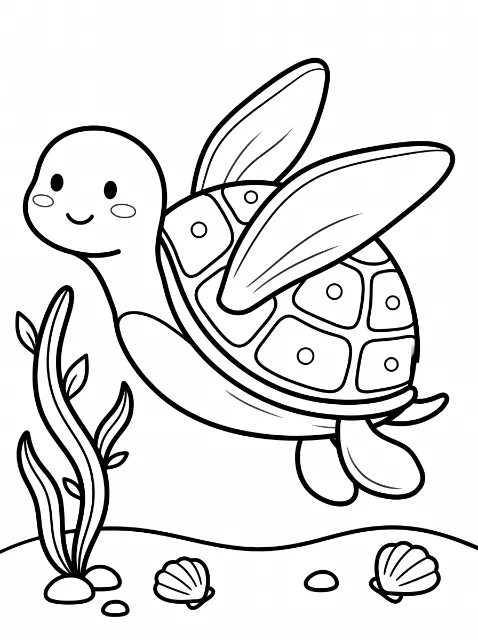 A smiling sea turtle with a patterned shell swims beside seaweed above a seabed with two seashells and pebbles.