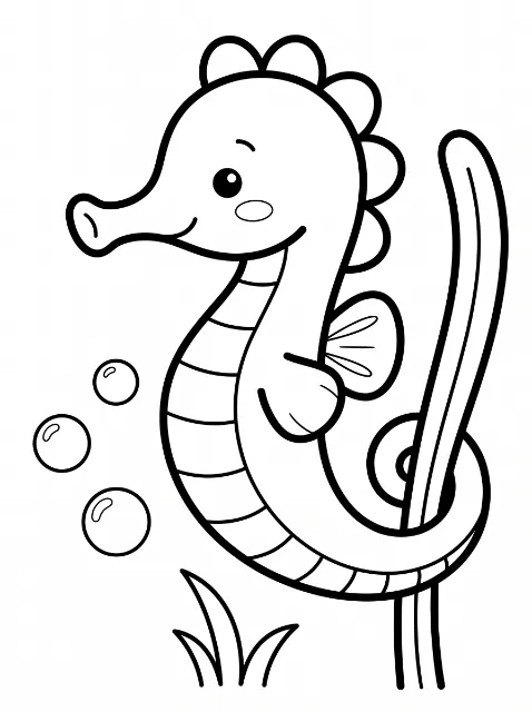 A smiling cartoon seahorse with a banded belly curls its tail around a tall plant, beside three bubbles and a small tuft of leaves.