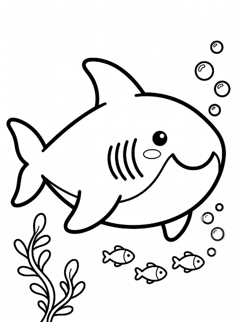 A smiling cartoon shark with fins and gill lines swims above three small fish, beside bubbles and leafy seaweed.