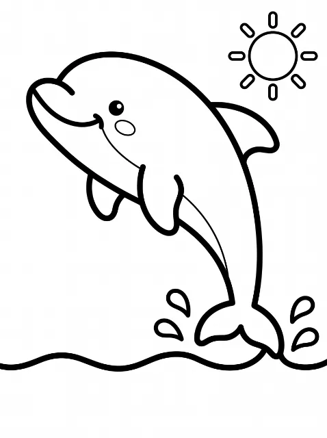 A smiling cartoon dolphin leaps above a wavy water line, with four splash droplets by its tail and a sun overhead.