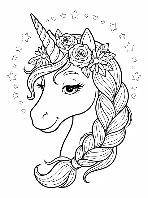 A smiling unicorn with a spiral horn, a crown of roses and daisies, and a long braided mane is surrounded by stars and hearts.