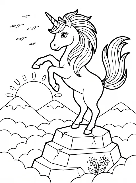 A unicorn rears on a rocky perch amid clouds, with snowcapped mountains, a sun, five birds and two flowers below.