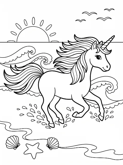 A smiling unicorn splashes through ocean surf, with waves, a low sun, four flying birds, two shells, and a starfish along the shore.