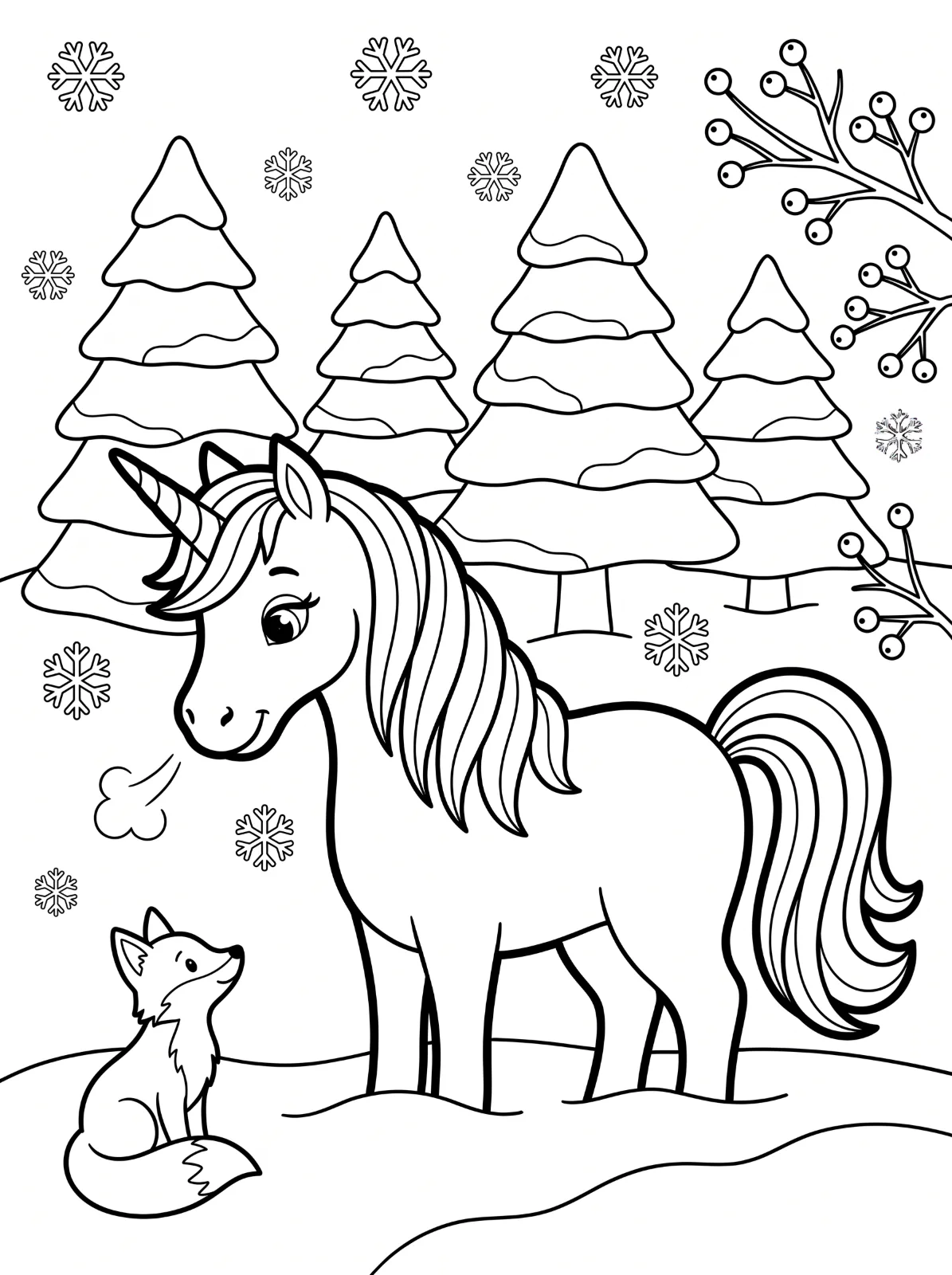 A smiling unicorn and a seated fox in snow, surrounded by snowflakes, snow-covered evergreen trees, and berry branches.